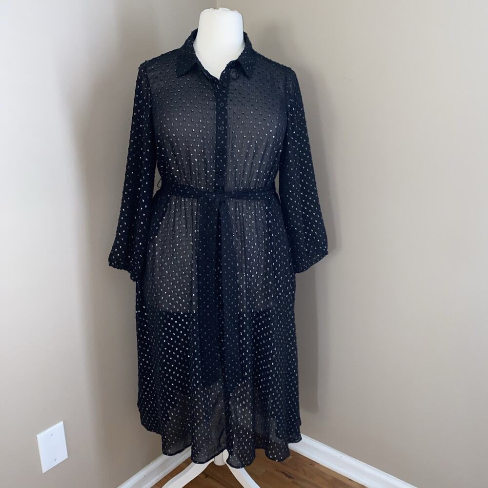 Torrid Black & Silver 3/4 Sleeve Polka Dot Midi Sheer Shirt Dress 2X. 18/20